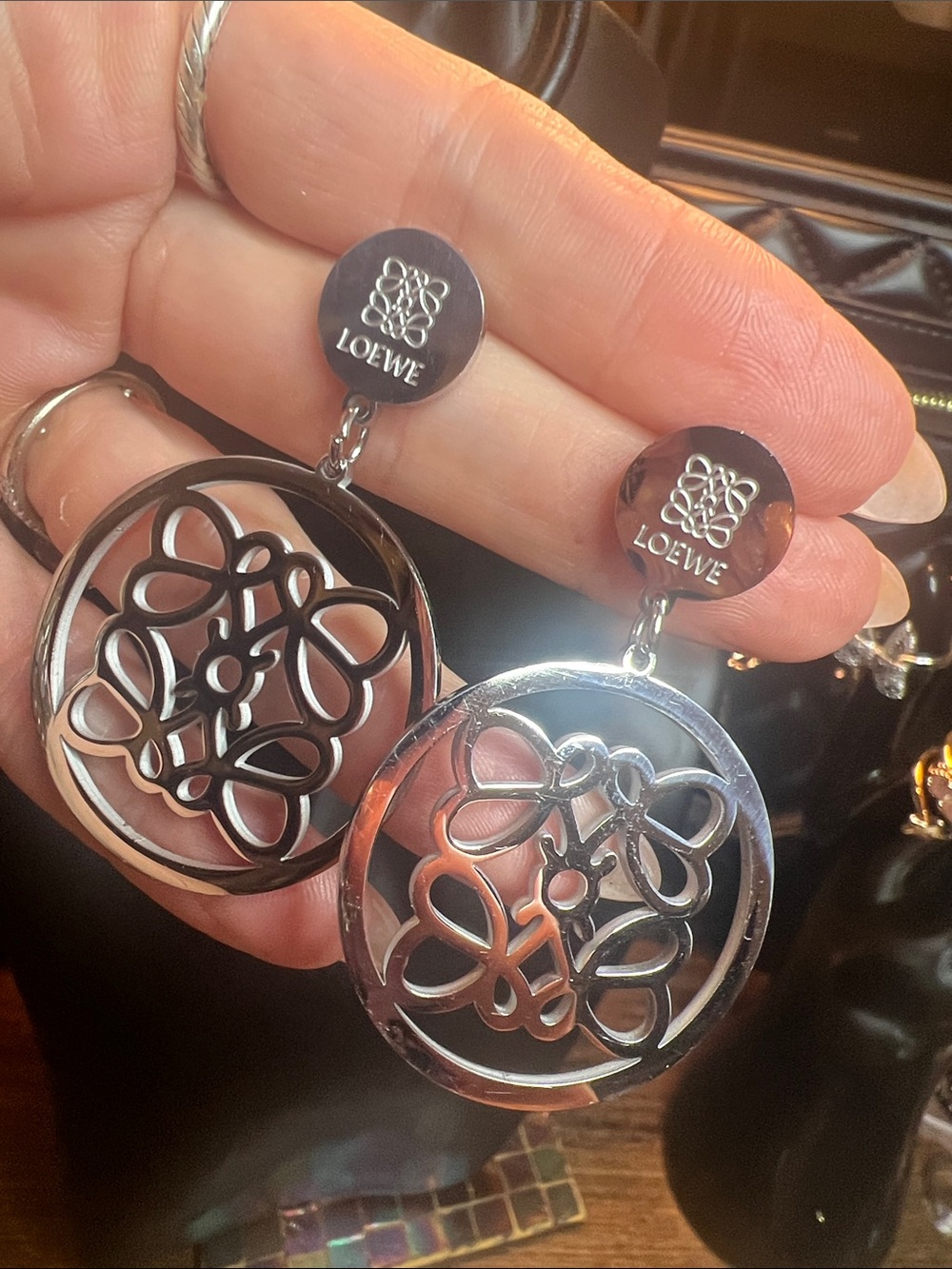 Silver Stainless Steel Logo Drop Earrings